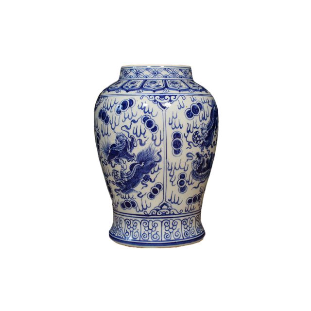 Vaso cinese in ceramica con motivo blu su fondo bianco