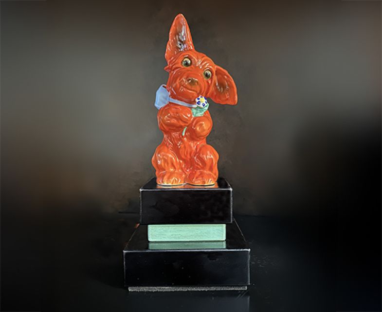  Lampada Art Déco terrier rosso con base in legno decorato
